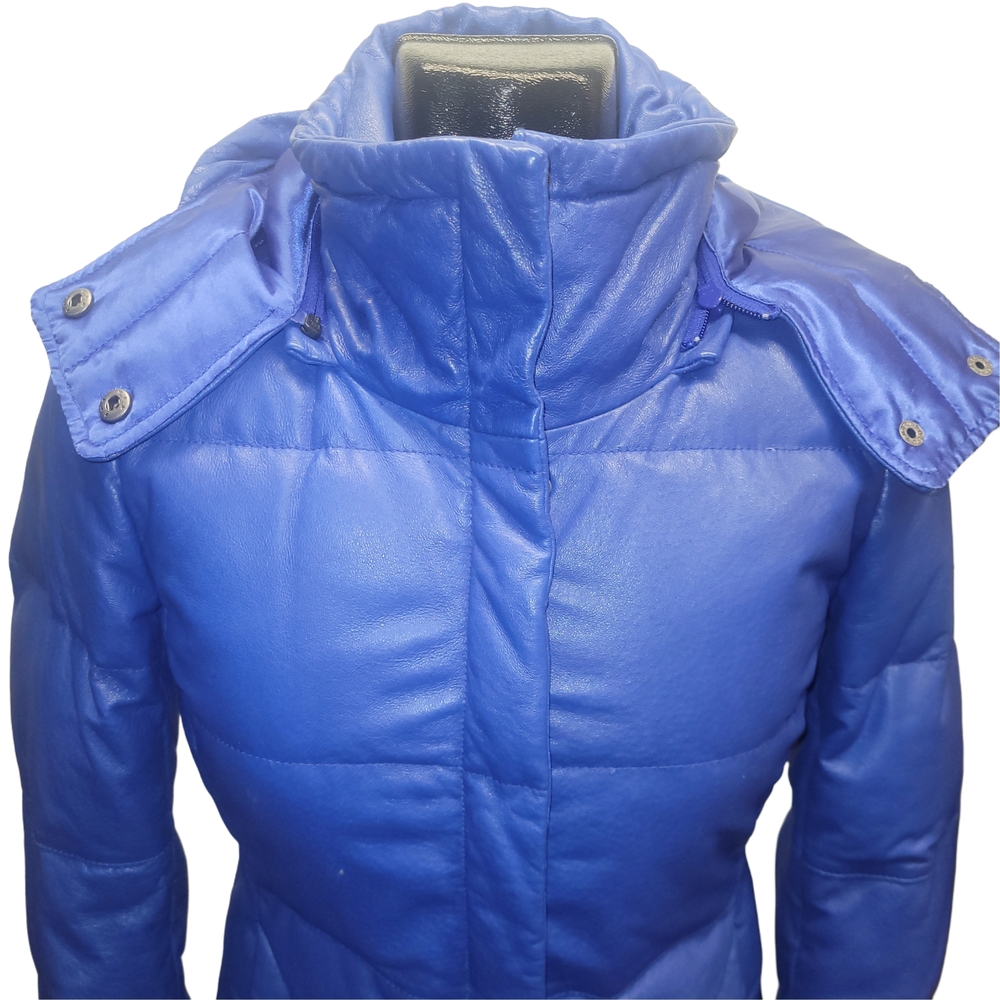 Danier Cobalt Blue Leather Down Quilted Puffer Jacket Size 2XS - Picture 3 of 10